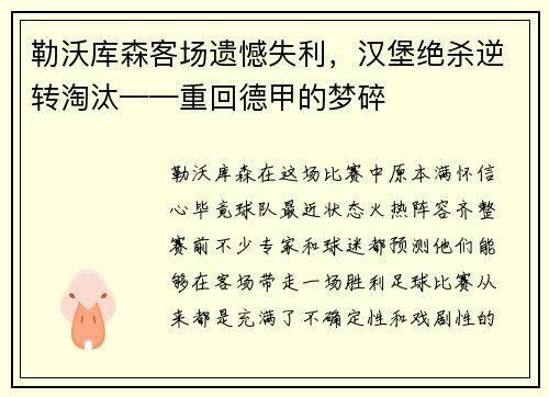 勒沃库森客场遗憾失利，汉堡绝杀逆转淘汰——重回德甲的梦碎